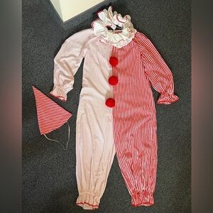 Vintage Halloween Clown Costume adult Red Blue Polka dot hat & ruffled collar EX